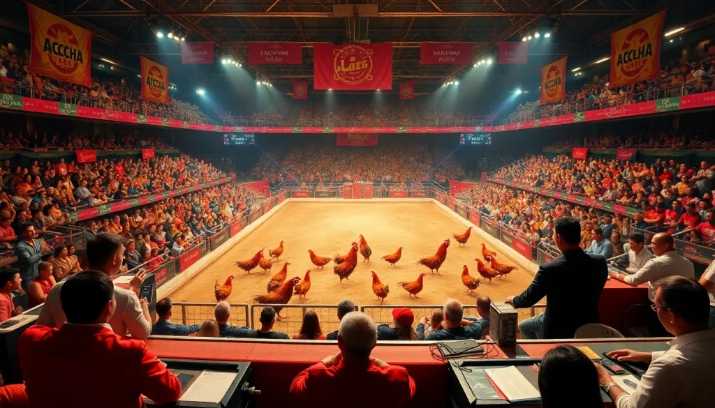 Exciting cockfighting event at dagawin.live showcasing lively atmosphere and betting stations.