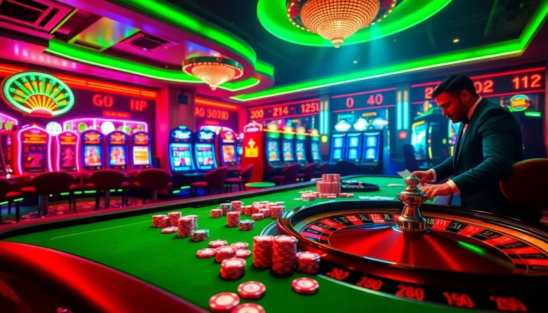 The lively atmosphere of online gambling at https://go88.audio/, featuring a roulette wheel and vibrant casino elements.