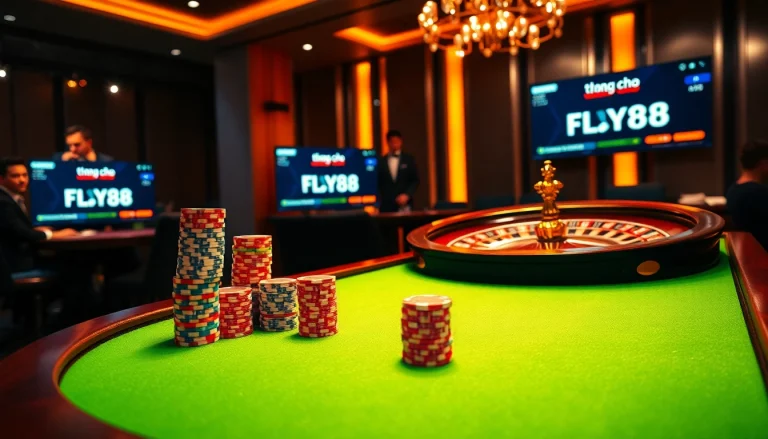 Engaging casino scene showcasing trang chủ FLY88 with luxurious casino tables and vibrant poker chips.