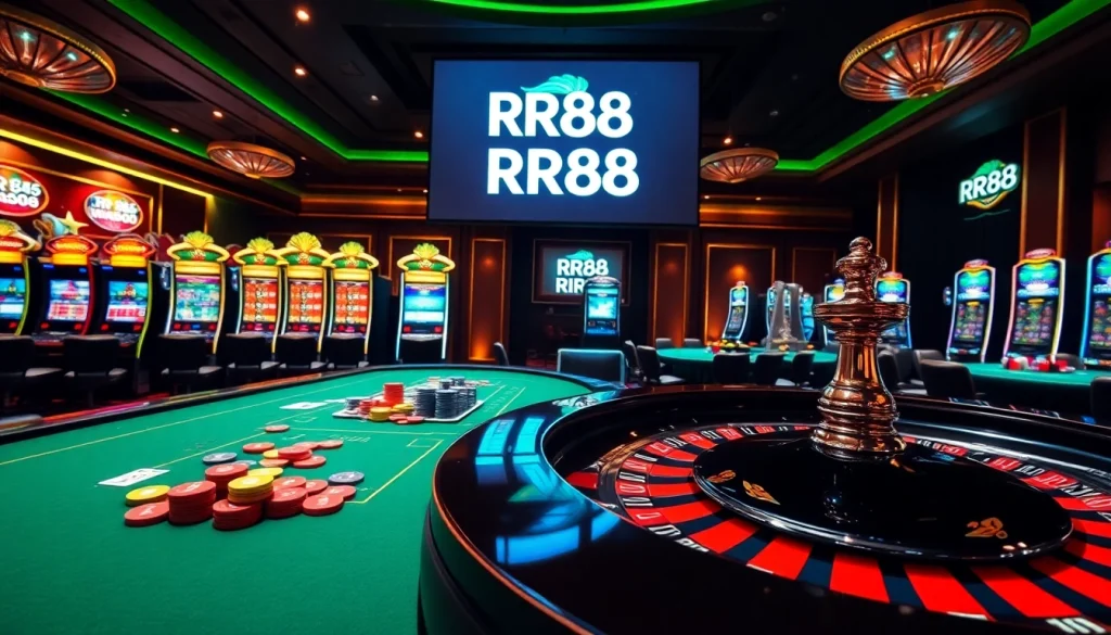 Experience the thrill of RR88 at a luxurious casino table filled with vibrant games and excitement.