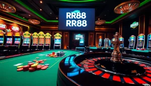 Experience the thrill of RR88 at a luxurious casino table filled with vibrant games and excitement.