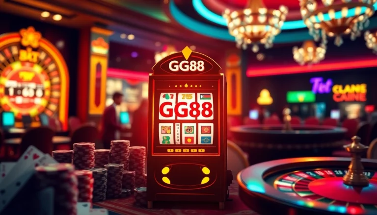 Engage with the GG88 slot machine amidst a lively casino environment filled with poker chips and cards.