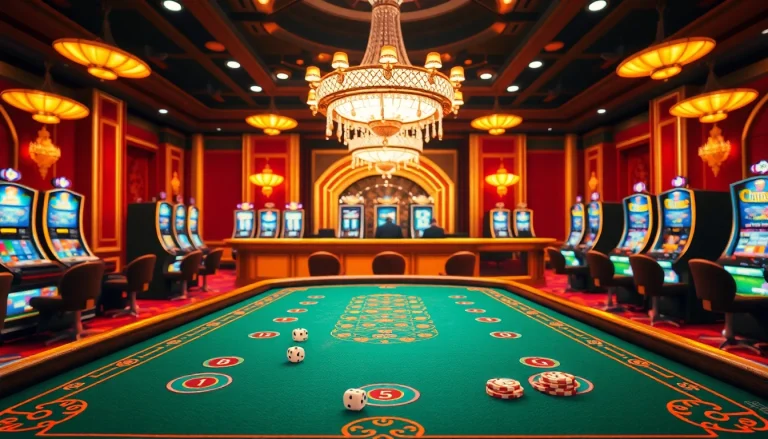 Tài Xỉu MD5 game table with colorful chips and dice in a luxurious casino setting.