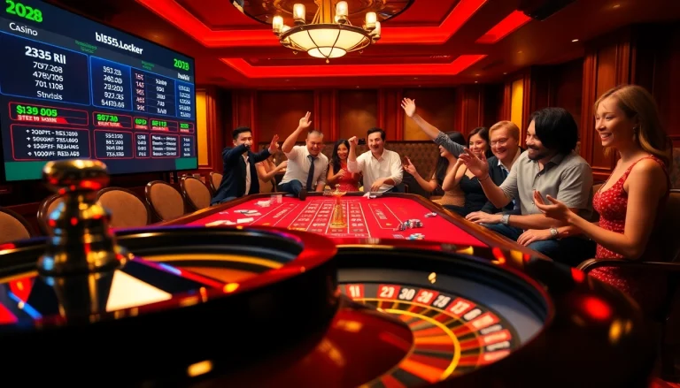 Gamblers reveling in a thrilling game at bl555.locker, showcasing poker chips and roulette excitement.