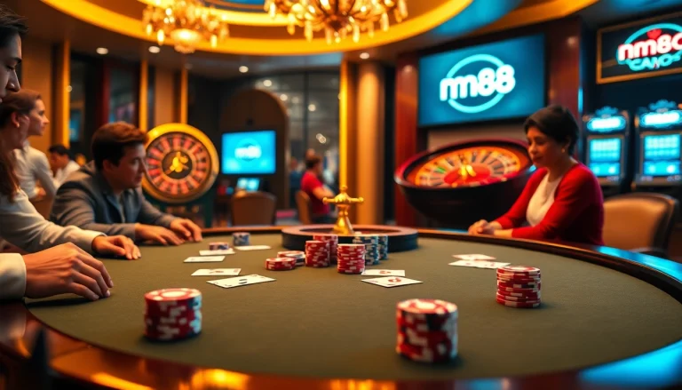 Exciting mm88 casino scene with poker players at a luxurious table, poker chips visible.