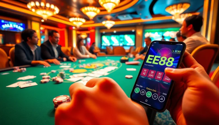 EE88 app displayed on a mobile device amidst high-stakes casino poker action, capturing excitement.
