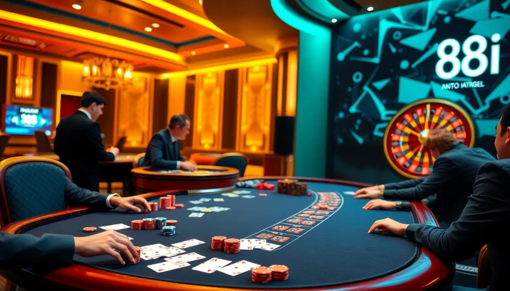 Players enjoying a thrilling poker game at 88i Casino, surrounded by vibrant poker chips and a roulette wheel.