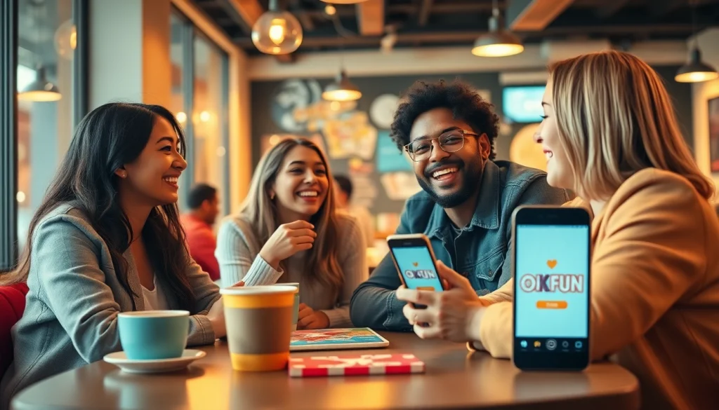 Couple using the OKFUN app in a stylish café for modern dating.