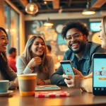 Couple using the OKFUN app in a stylish café for modern dating.