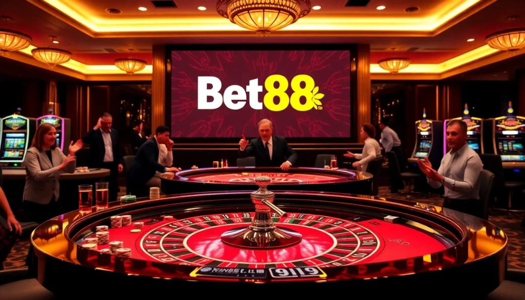 Bet88 casino scene with roulette table and poker chips in an exciting atmosphere.