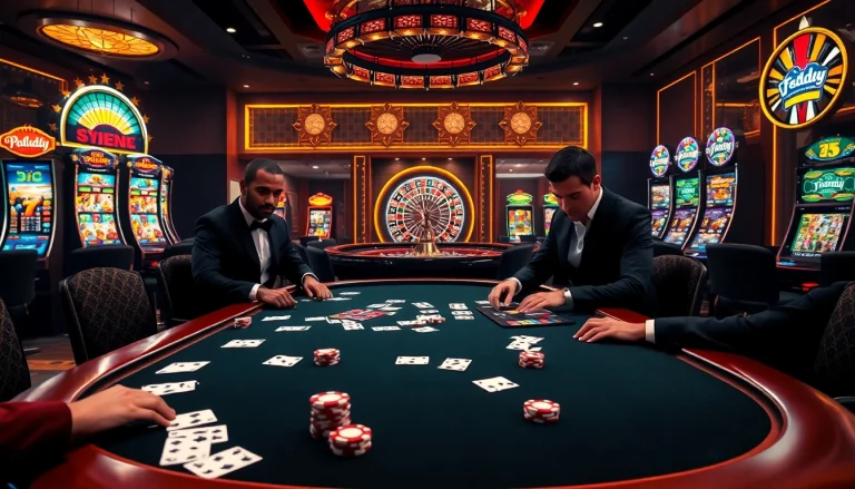 Engage in a high-stakes poker game featuring 88i elements and vibrant casino decor.