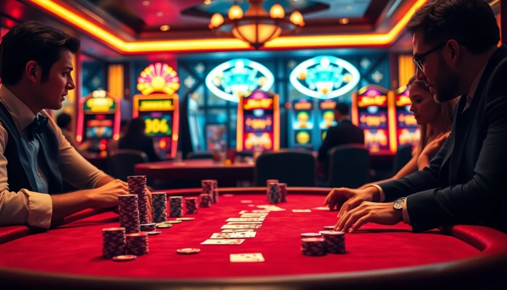 Players enjoying an intense poker game at a luxurious casino, embodying the thrill of 678win.