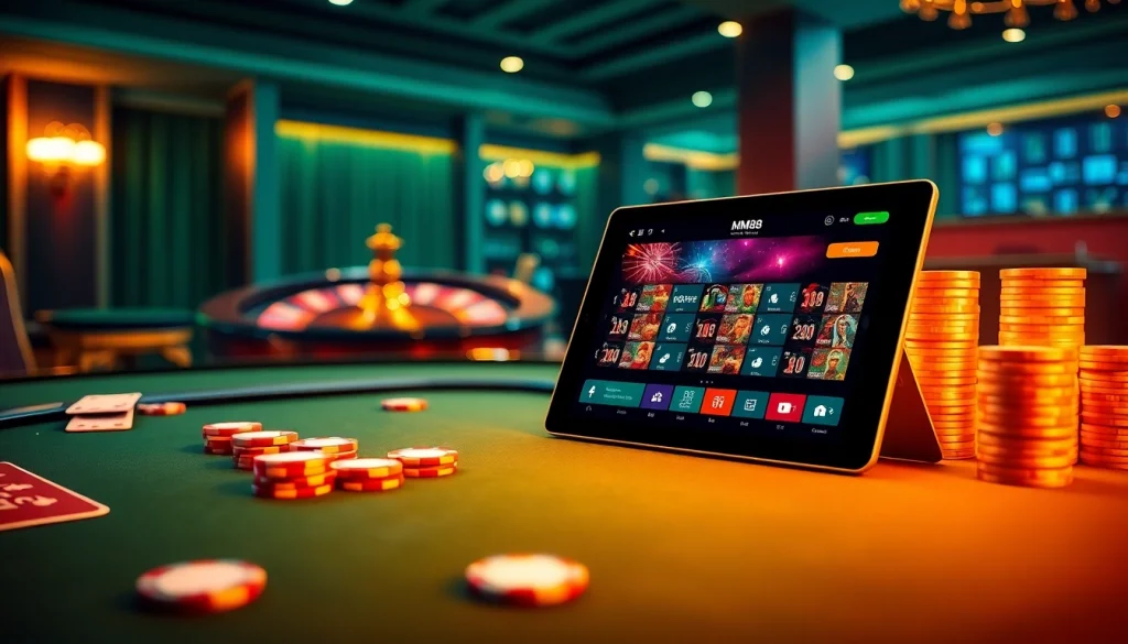 Experience the excitement of casino gaming at MM88 with vibrant poker tables and roulette wheels.