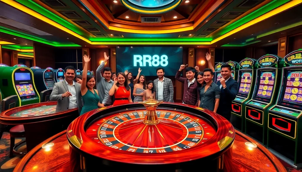 Players enjoying a thrilling game at the RR88 casino, surrounded by lively gambling elements.
