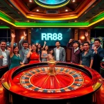 Players enjoying a thrilling game at the RR88 casino, surrounded by lively gambling elements.