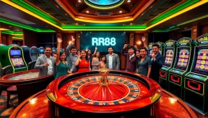 Players enjoying a thrilling game at the RR88 casino, surrounded by lively gambling elements.