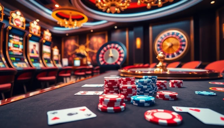 Experience live action at 13Win.Com with colorful casino games, including poker chips, cards, and spinning roulette.