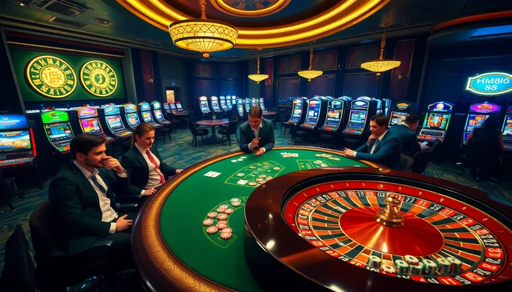 Players enjoying a high-stakes game at HM88 casino with vibrant roulette and poker tables.