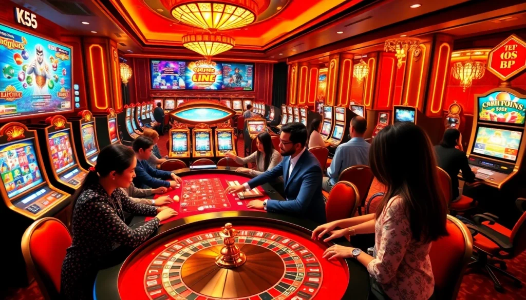 Excited players engaging with gambling games at KK55's luxurious casino.