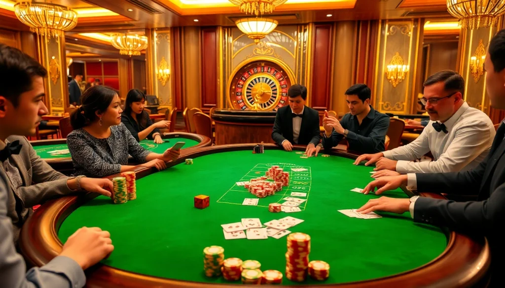 A high-stakes poker game scene at bancadoithuong.observer casino with engaged gamblers, colorful chips, and rich ambiance.