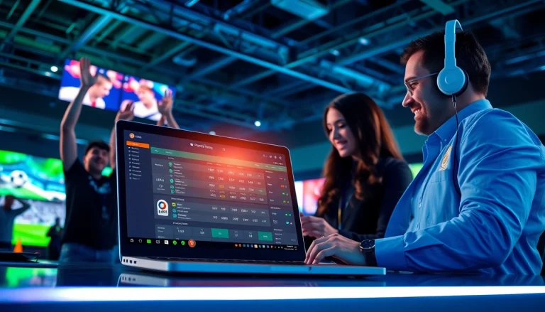 Engaging scene of okvipwin.live with excited fans and a modern online betting interface.