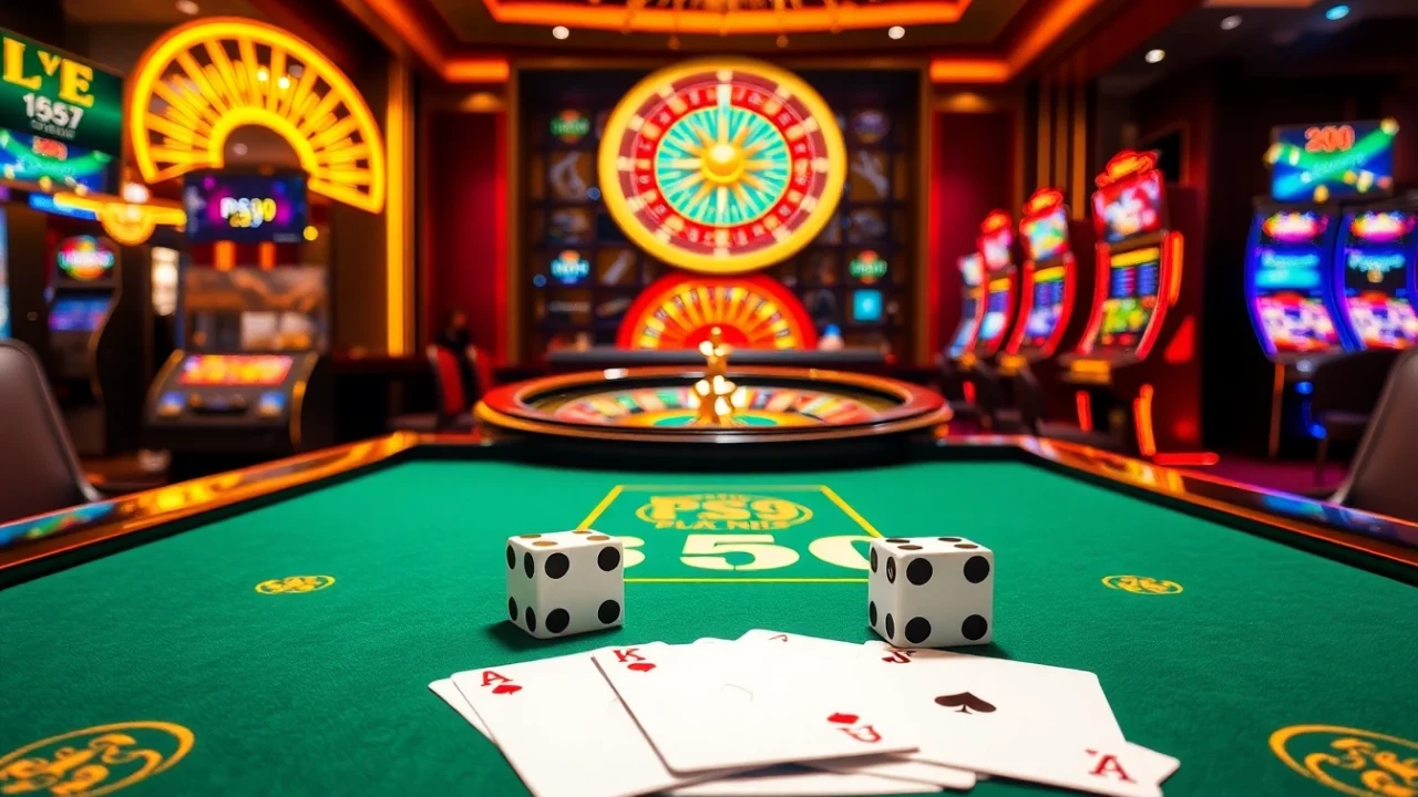 Experience high-stakes excitement at the trang chủ PS99 casino with luxury poker tables and vibrant slot machines.