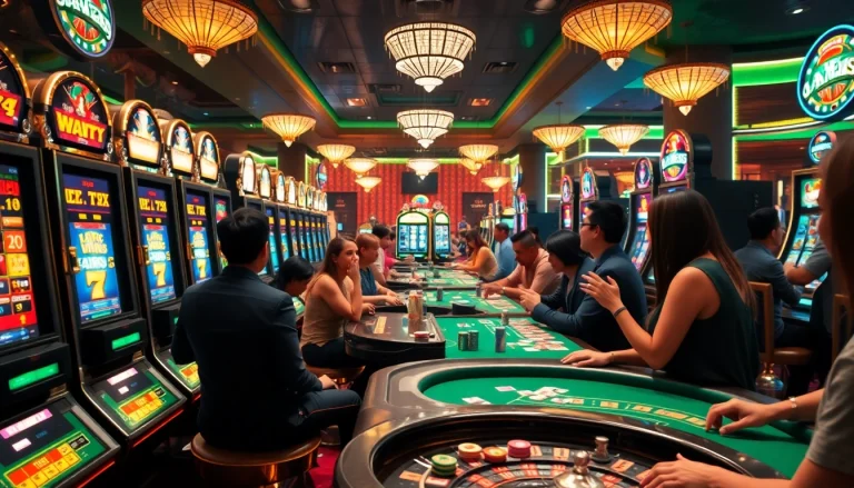 Experience the excitement of CM88 gaming as players engage with vibrant casino tables and thrilling slot machines.