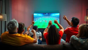 Cheering fans in front of a TV displaying a live match, showcasing joemadfan.com sports streaming excitement.