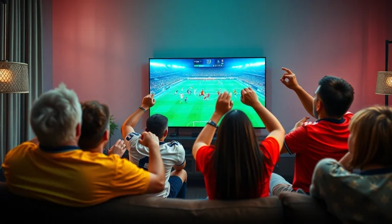 Cheering fans in front of a TV displaying a live match, showcasing joemadfan.com sports streaming excitement.