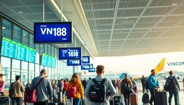 Live scene of VN168 flight departure at an airport, showcasing travelers and Vietnam Airlines branding.