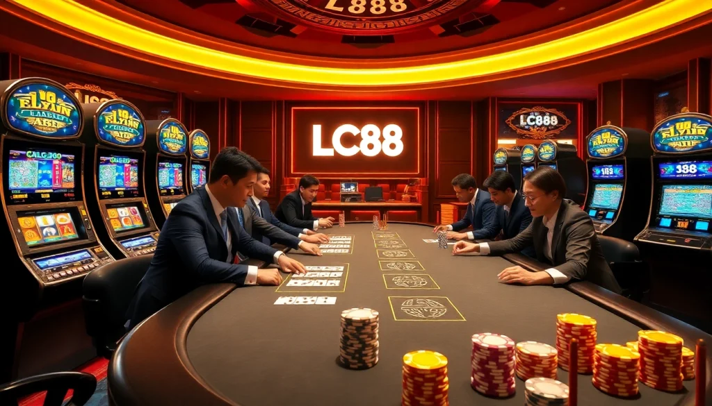 A captivating casino scene showcasing the excitement of LC88 with players at a high-stakes table.