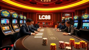 A captivating casino scene showcasing the excitement of LC88 with players at a high-stakes table.