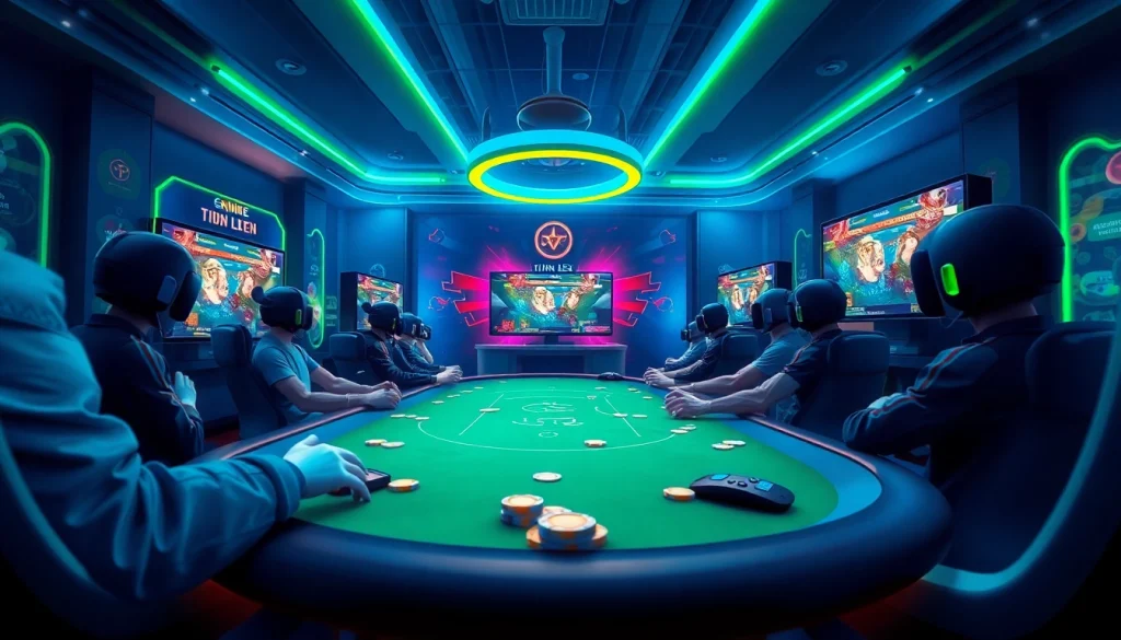 Exciting online gaming scene showcasing gamebaidoithuong.com.vc with players at a virtual poker table.