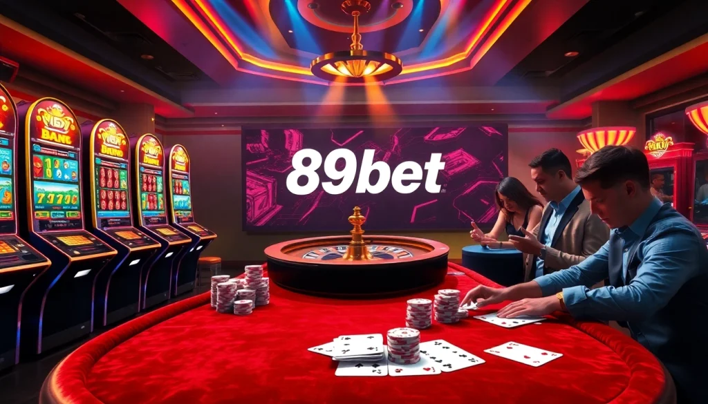 89bet online gambling scene showcasing vibrant slot machines and poker chips in an exciting casino atmosphere.