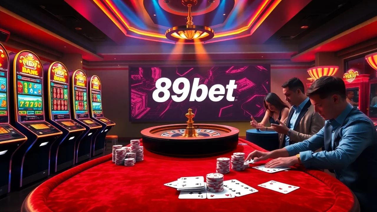 89bet online gambling scene showcasing vibrant slot machines and poker chips in an exciting casino atmosphere.