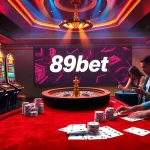 89bet online gambling scene showcasing vibrant slot machines and poker chips in an exciting casino atmosphere.