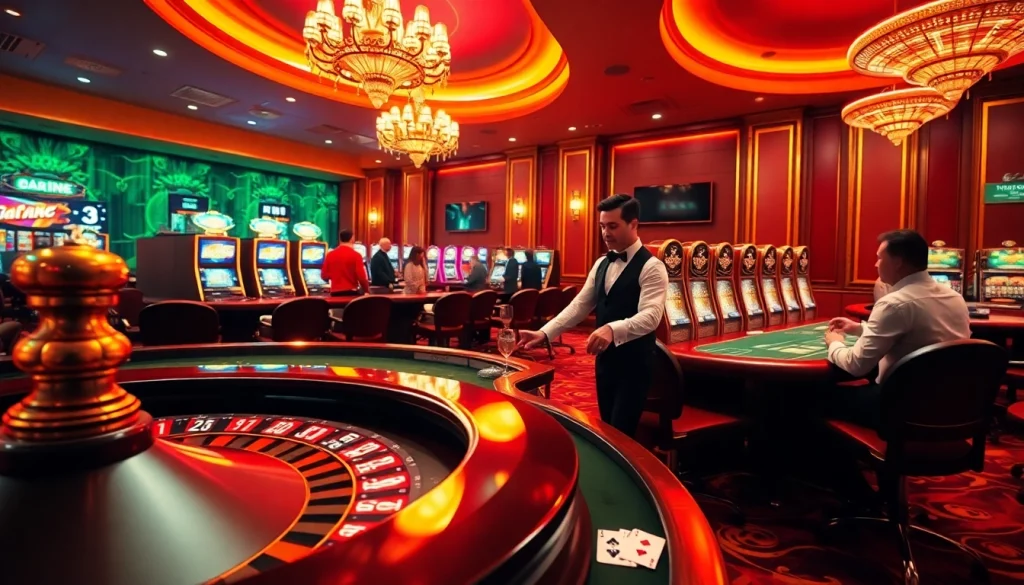 Experience the thrill of 8kbet with vibrant casino elements like a roulette wheel and poker table.
