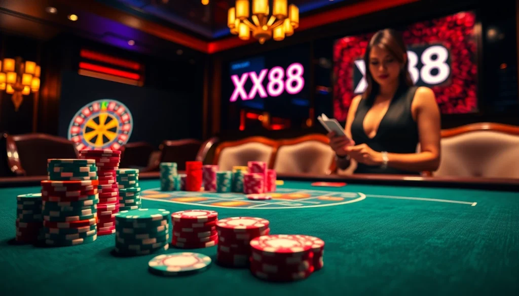 Experience high-stakes poker action with XX88 gaming elements at a luxurious casino setting.