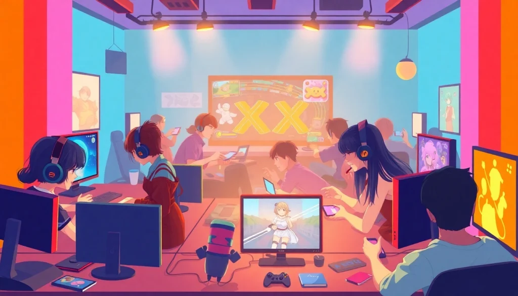 Dynamic illustration of diverse characters playing XXX games in a vibrant gaming environment.