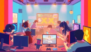 Dynamic illustration of diverse characters playing XXX games in a vibrant gaming environment.