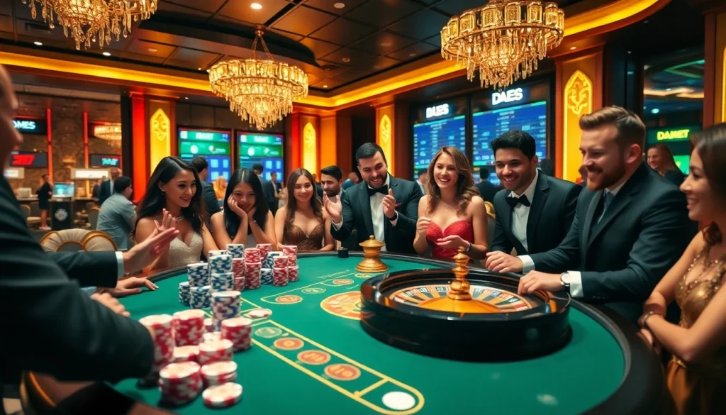 Experience luxury gaming at https://dabet.homes with excited players at a glamorous casino table.