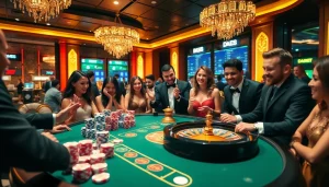Experience luxury gaming at https://dabet.homes with excited players at a glamorous casino table.