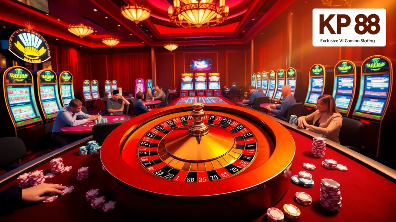 Experience Kp 88 excitement with a luxurious casino scene, featuring a roulette wheel and poker tables.