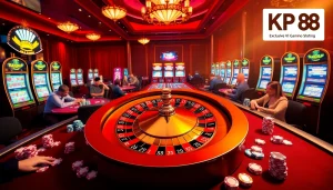 Experience Kp 88 excitement with a luxurious casino scene, featuring a roulette wheel and poker tables.