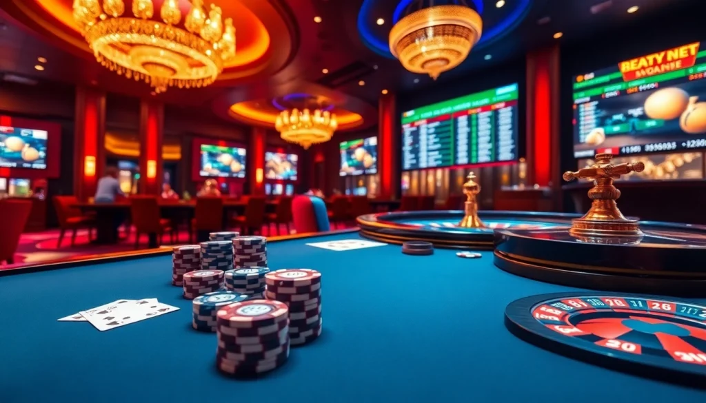 Enthusiastic players engaging with the bsport nhà cái online gambling platform amid a vibrant casino atmosphere.