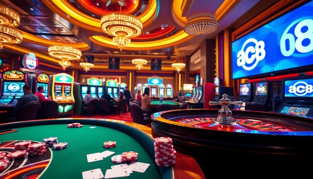 Experience the thrill of ABC8 at an exciting casino scene with roulette and poker tables.