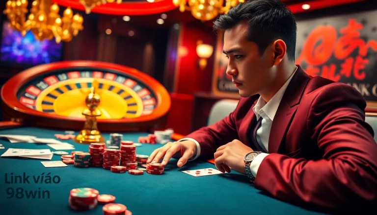 Engage with the exhilarating atmosphere of a casino showcasing link vào 98win at an elegant poker table.
