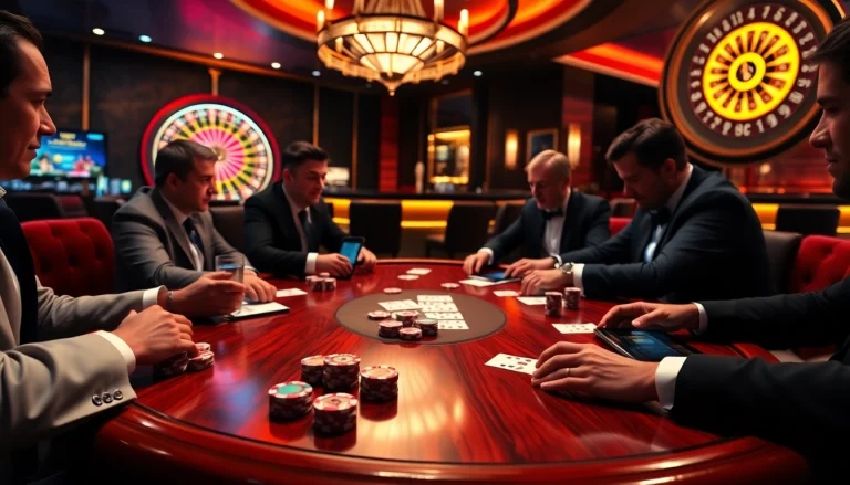 Play high-stakes poker at i9bet .com, featuring luxurious casino tables and vibrant roulette wheels.