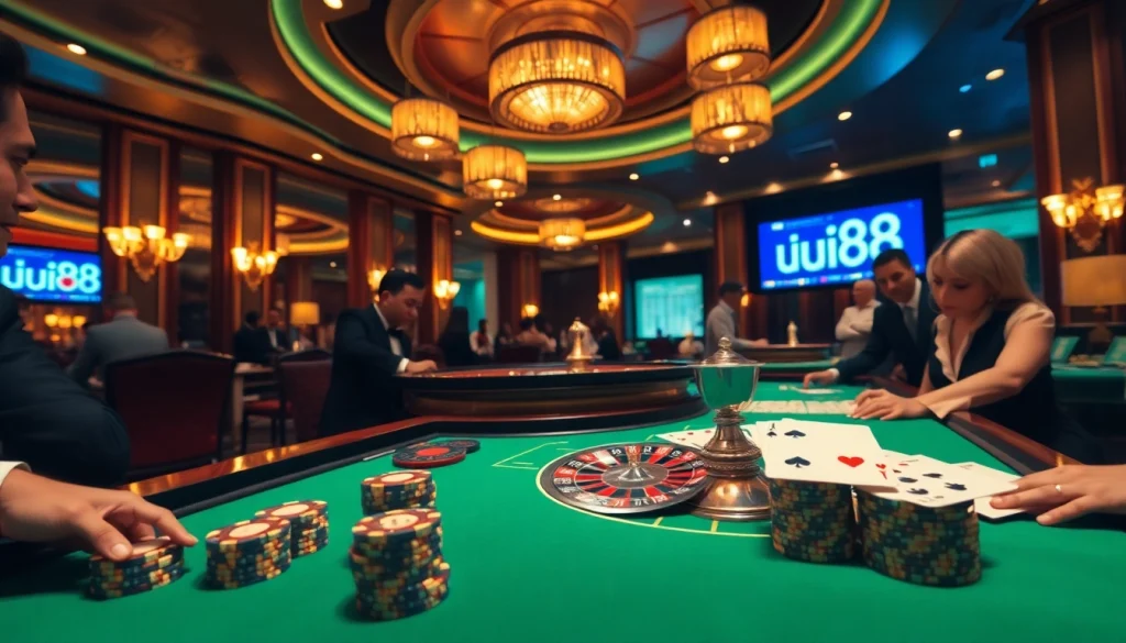 uu88 casino game with players at a roulette wheel and poker table, showcasing excitement.