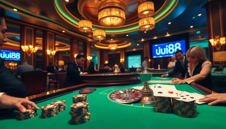 uu88 casino game with players at a roulette wheel and poker table, showcasing excitement.